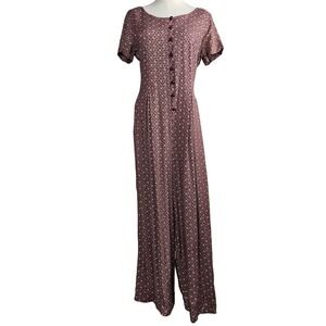 Vintage‎ 90s Button Front Wide Leg Jumpsuit M? L? Maroon Floral Short Sleeve